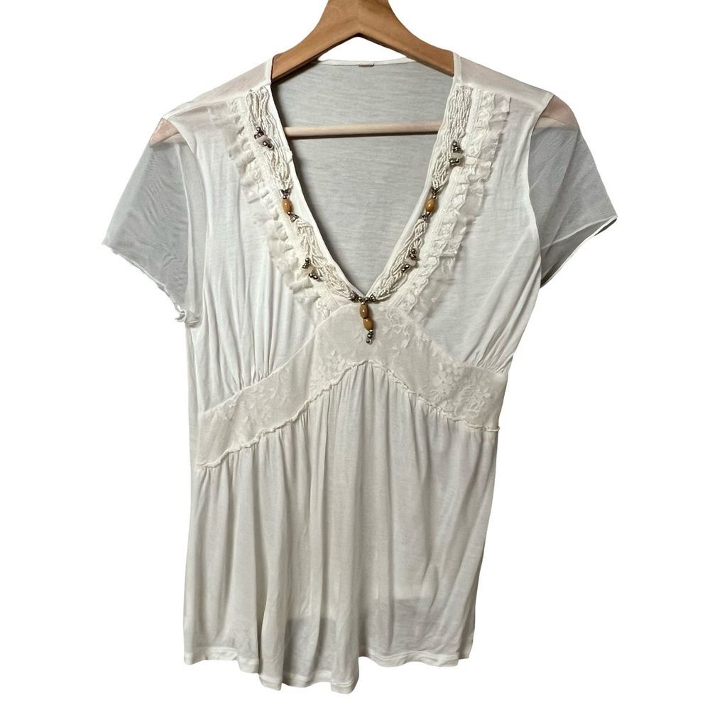 Womens Y2K Babydoll Beaded Top Size XS Fairycore Boho Whimsigoth Empire Waist